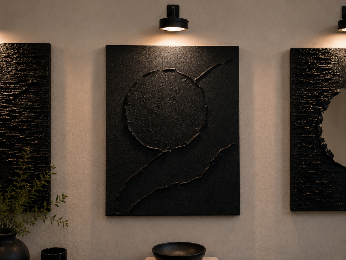 Noir Collection | Handmade Black Textured Wall Art Set of 4 | Top LED Lights Included