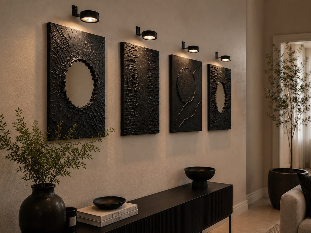 Noir Collection | Handmade Black Textured Wall Art Set of 4 | Top LED Lights Included