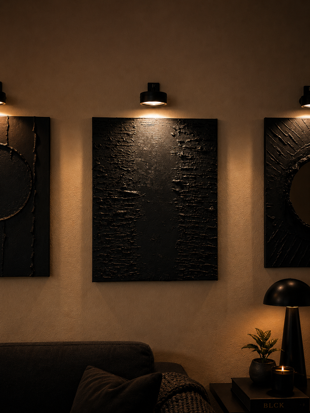 Midnight Reflection | Handmade Textured Wall Art & Mirror Set of 4 | Top LED Lights Included