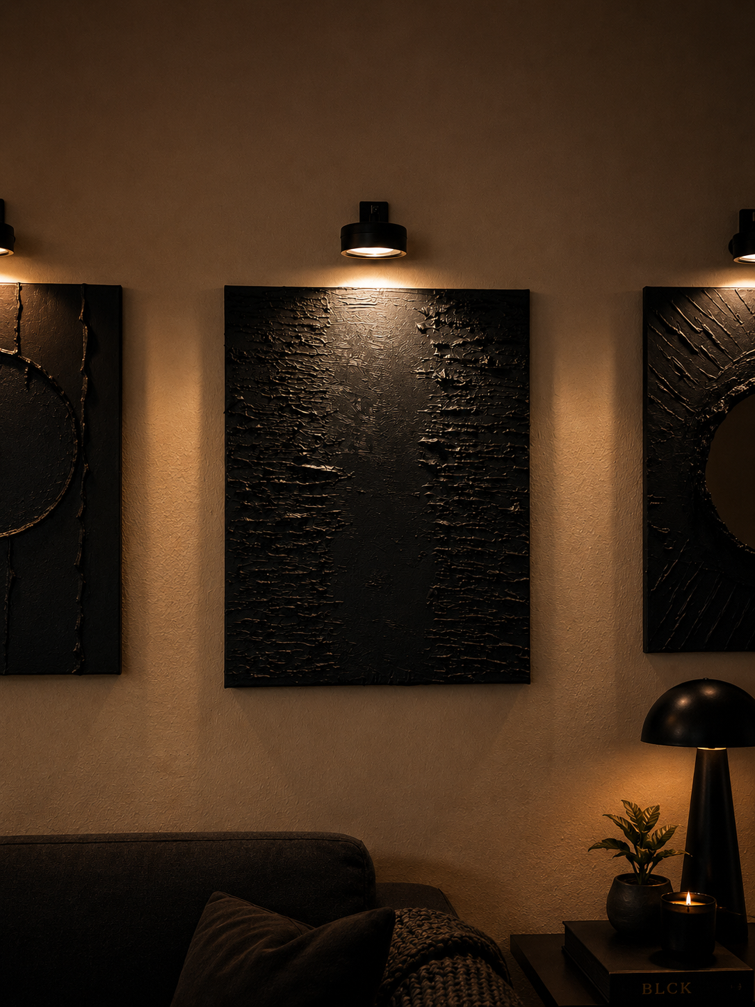 Midnight Reflection | Handmade Textured Wall Art & Mirror Set of 4 | Top LED Lights Included