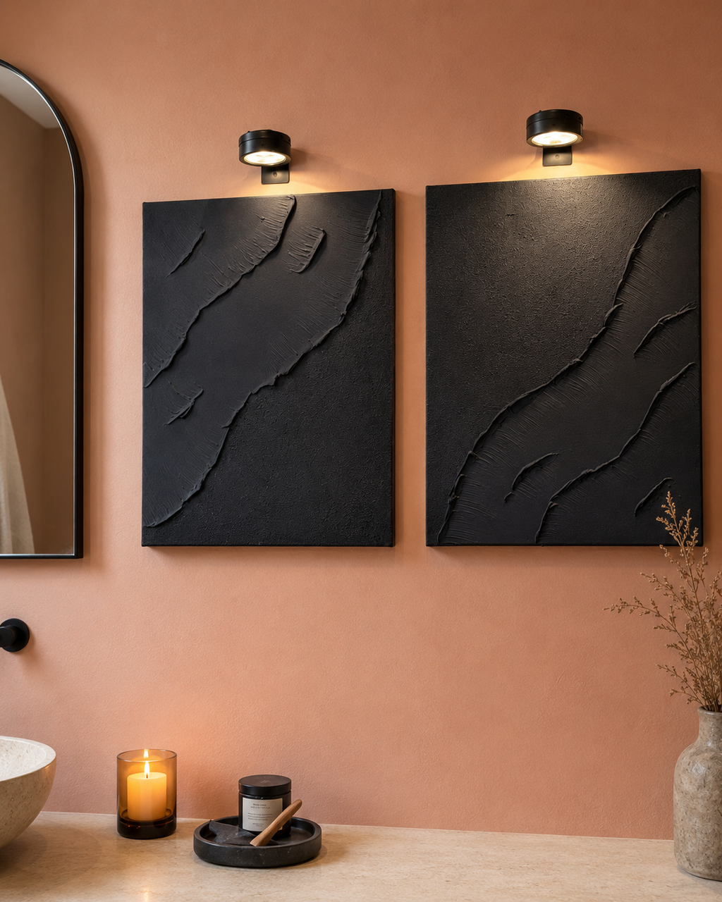 Tide Collection | Handmade Textured Wall Art Set of 2 | Top LED Lights Included