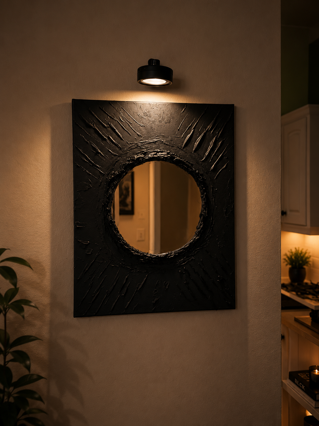 Midnight Reflection | Handmade Textured Wall Art & Mirror Set of 4 | Top LED Lights Included