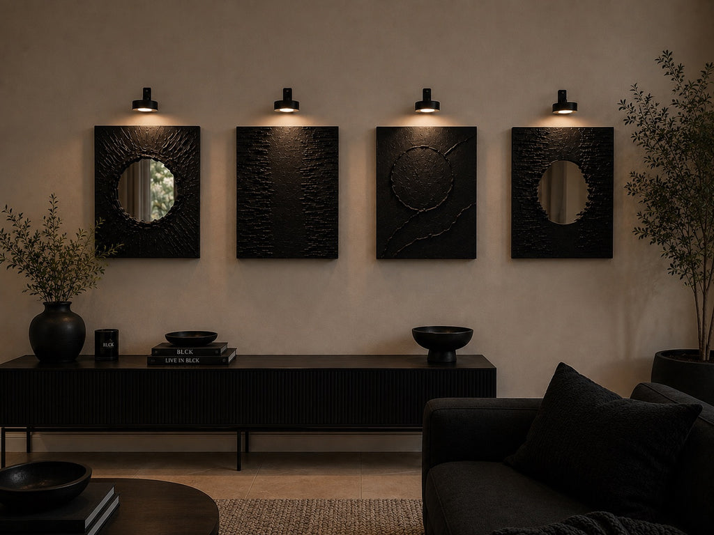 Noir Collection | Handmade Black Textured Wall Art Set of 4 | Top LED Lights Included