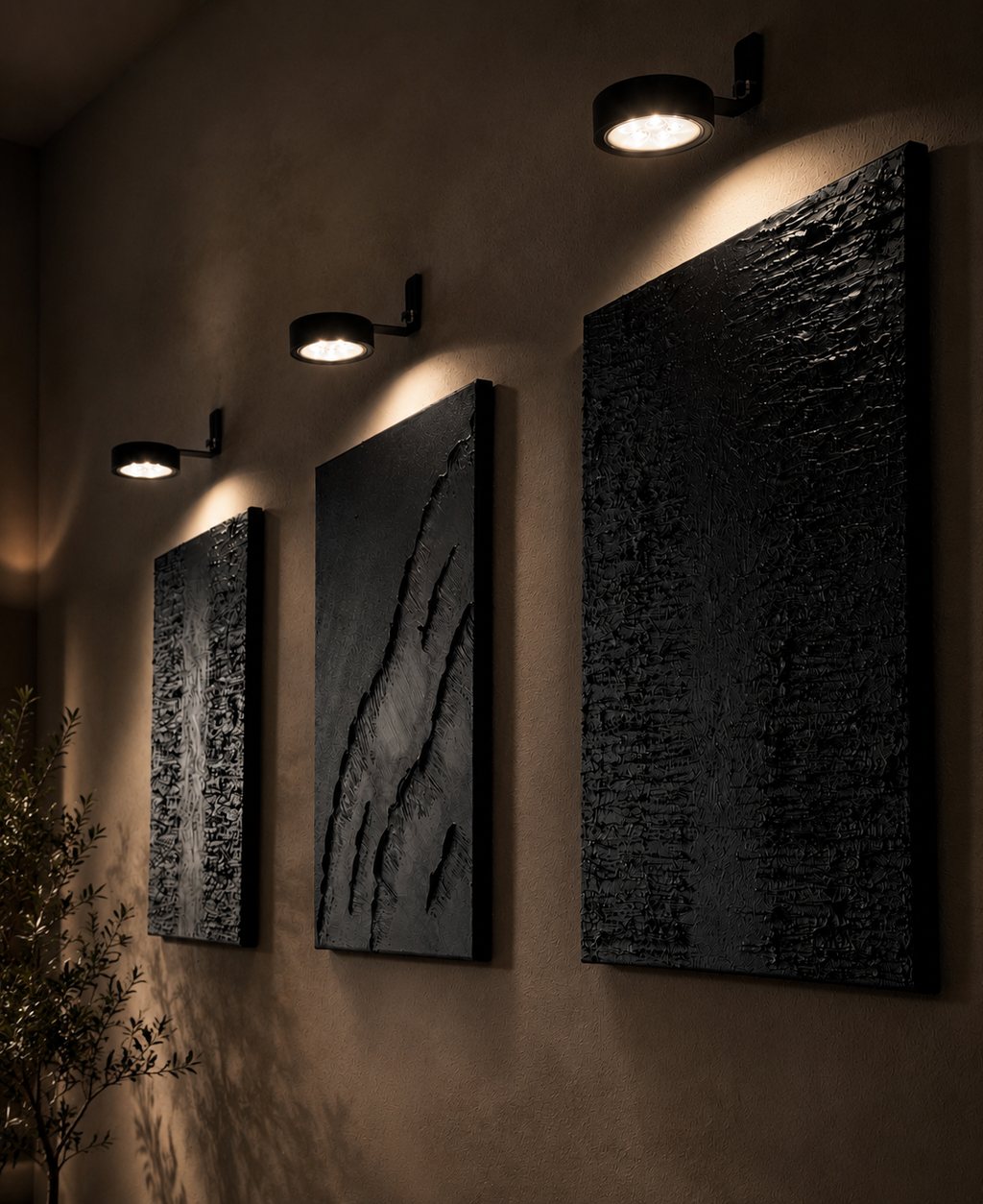 Obsidian Tide | Handmade Textured Wall Art Set of 3 | LED Lights Included