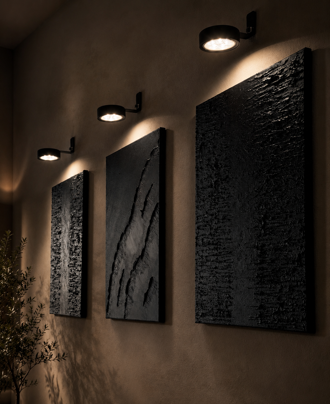 Obsidian Tide | Handmade Textured Wall Art Set of 3 | LED Lights Included