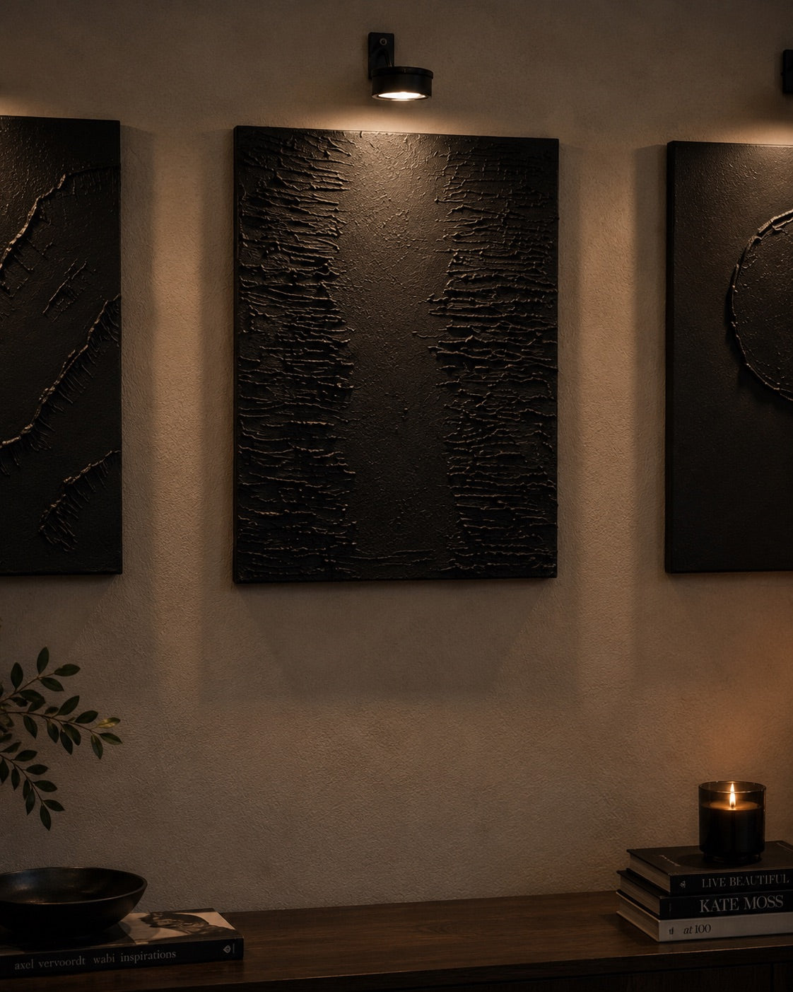 Linear Collection | Handmade Textured Wall Art Set of 3 | Top LED Lights Included