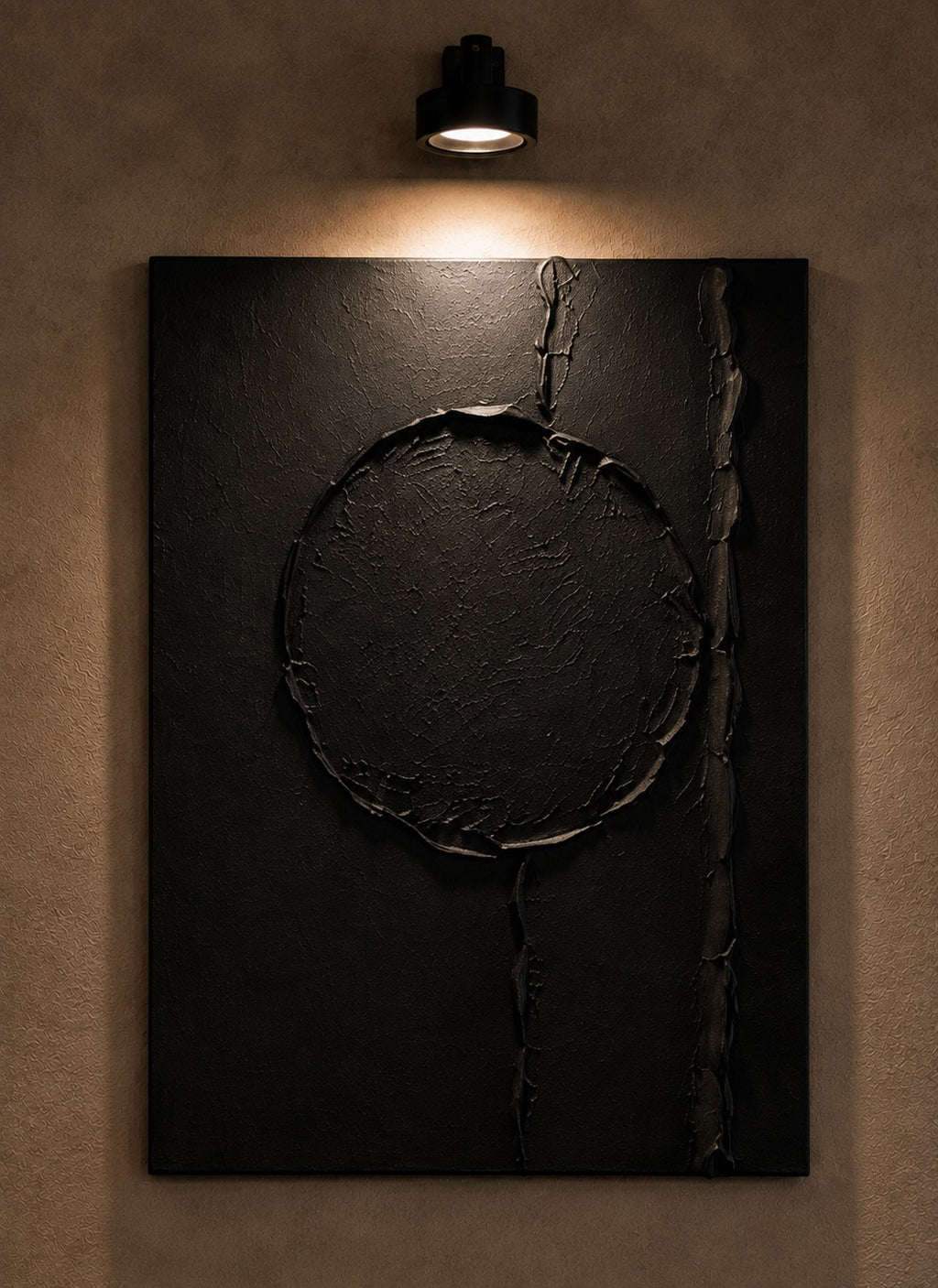 Black Orbit Collection | Handmade Textured Wall Art Set of 4 | Top Picture Lights Included