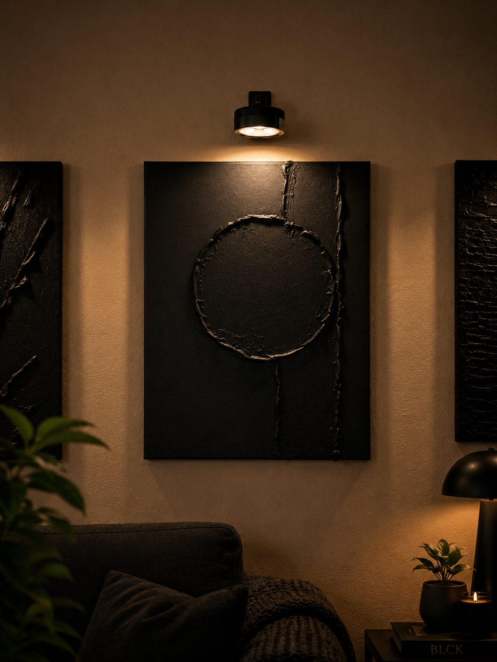 Midnight Reflection | Handmade Textured Wall Art & Mirror Set of 4 | Top LED Lights Included