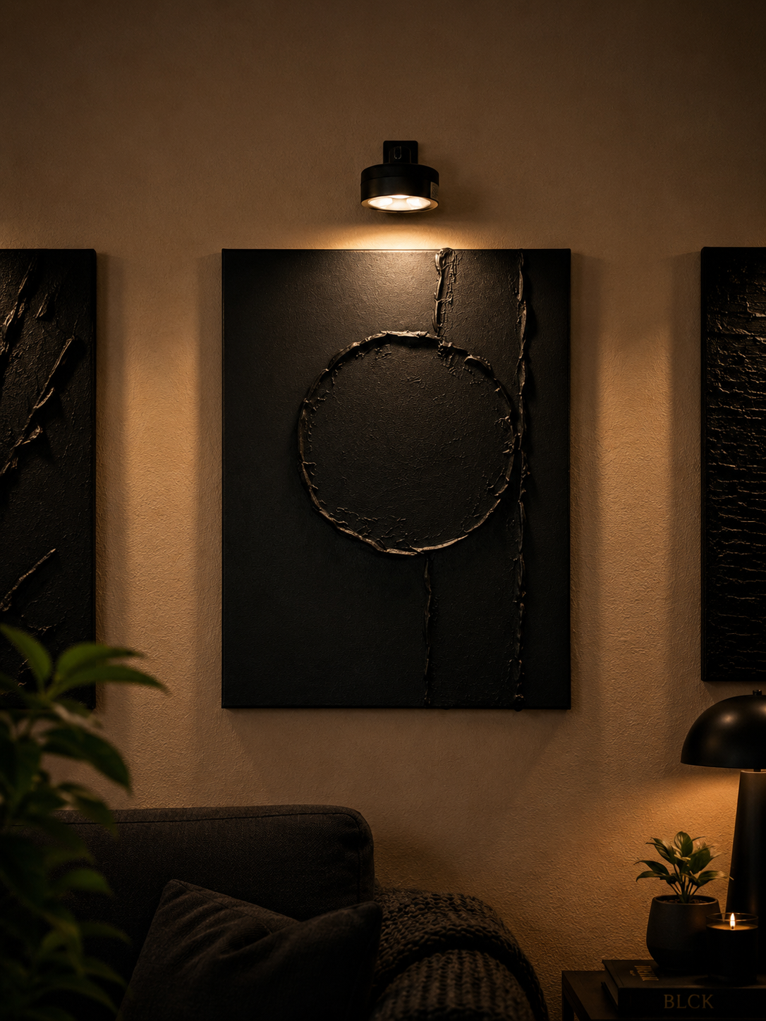 Midnight Reflection | Handmade Textured Wall Art & Mirror Set of 4 | Top LED Lights Included