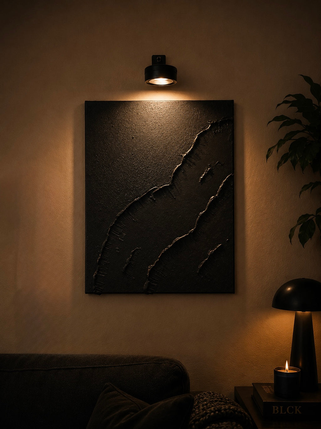 Midnight Reflection | Handmade Textured Wall Art & Mirror Set of 4 | Top LED Lights Included
