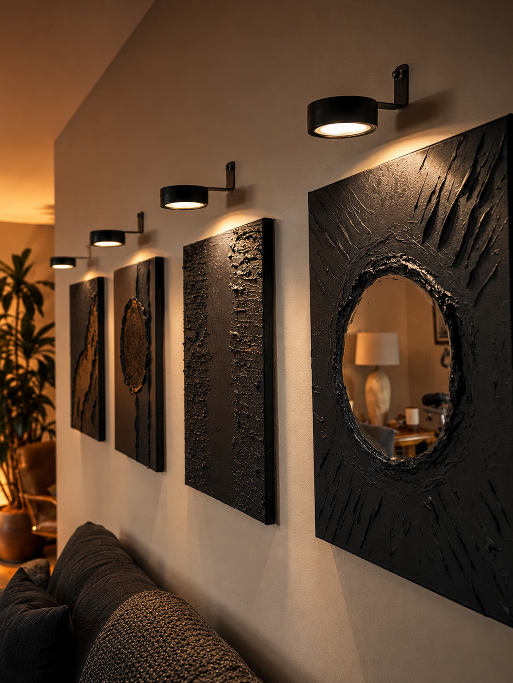 Midnight Reflection | Handmade Textured Wall Art & Mirror Set of 4 | Top LED Lights Included