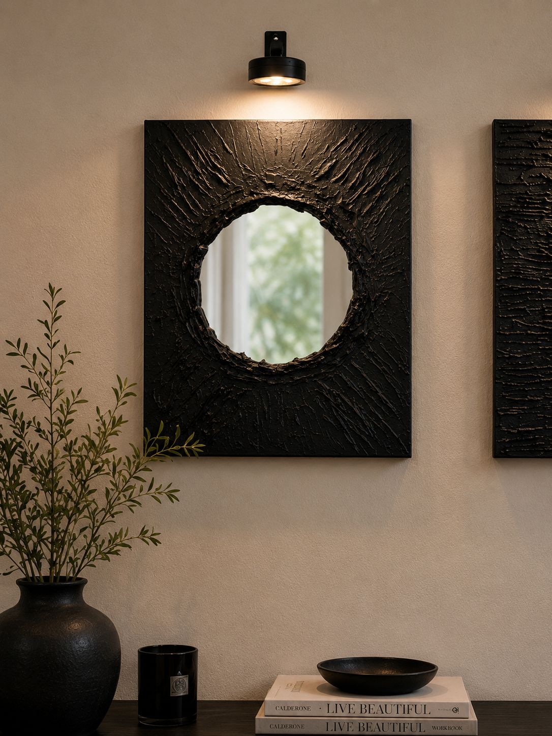 Noir Collection | Handmade Black Textured Wall Art Set of 4 | Top LED Lights Included