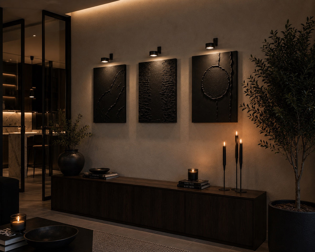 Linear Collection | Handmade Textured Wall Art Set of 3 | Top LED Lights Included