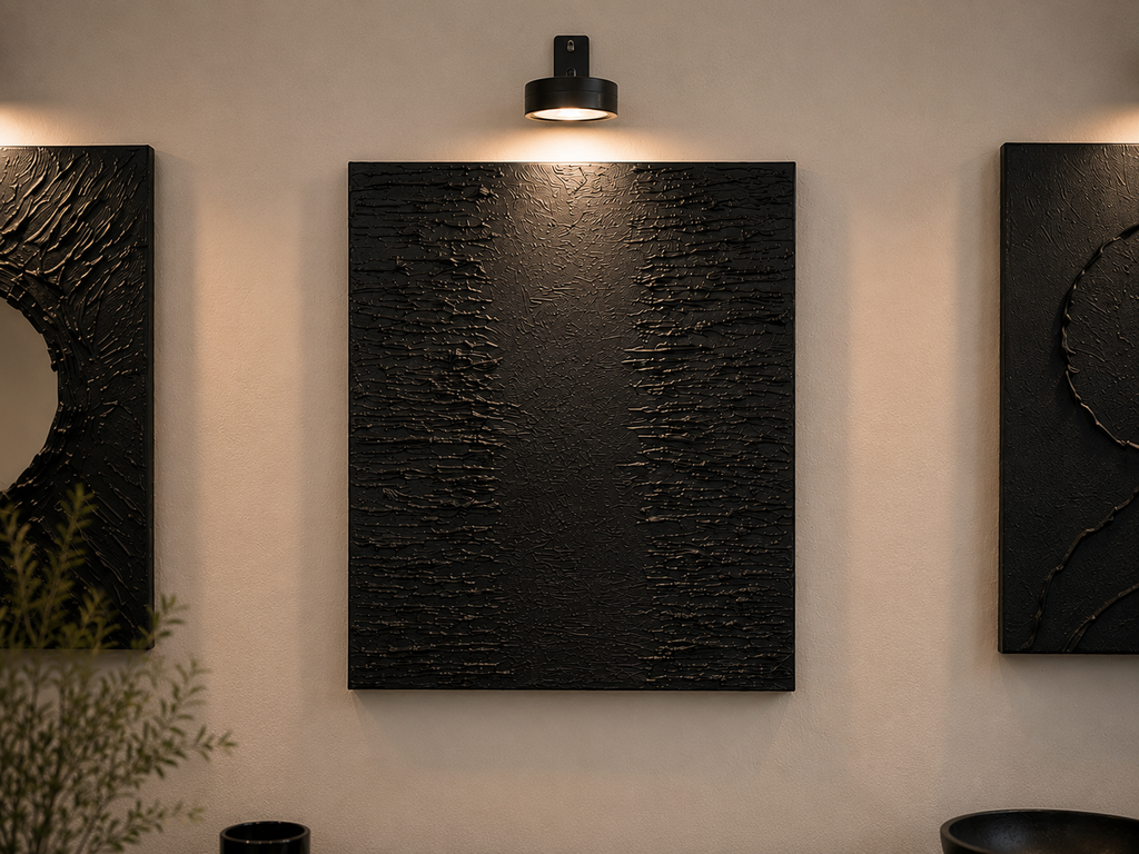 Noir Collection | Handmade Black Textured Wall Art Set of 4 | Top LED Lights Included