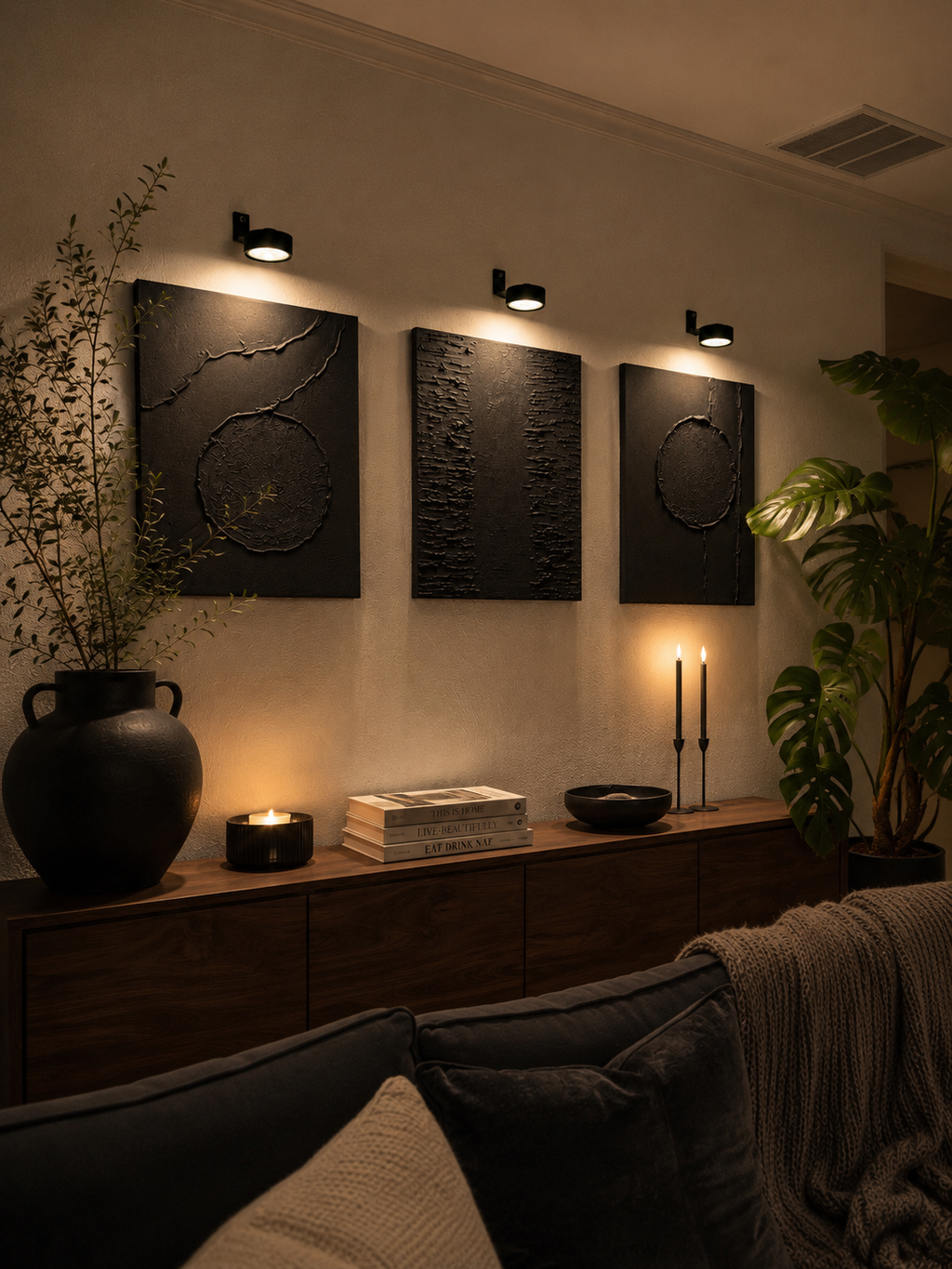 Eclipse Collection | Handmade Textured Wall Art Set of 3 | Top LED Lights Included