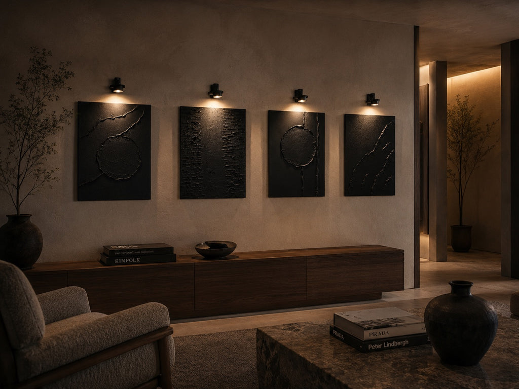 Black Orbit Collection | Handmade Textured Wall Art Set of 4 | Top Picture Lights Included