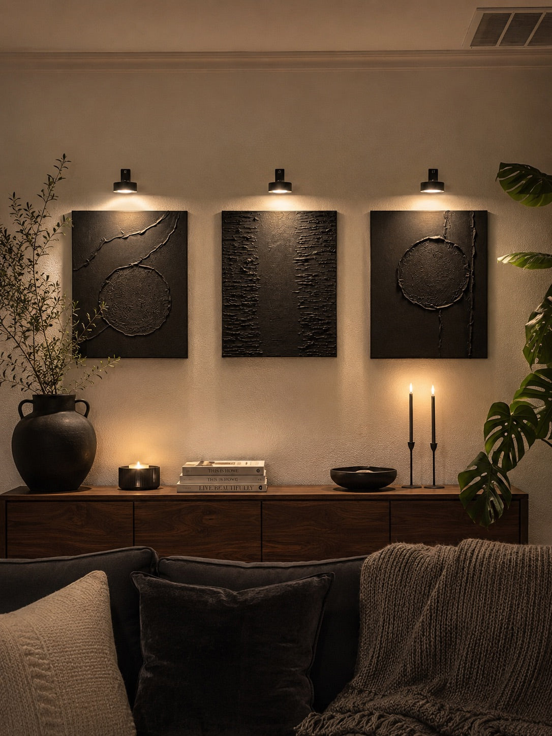 Eclipse Collection | Handmade Textured Wall Art Set of 3 | Top LED Lights Included