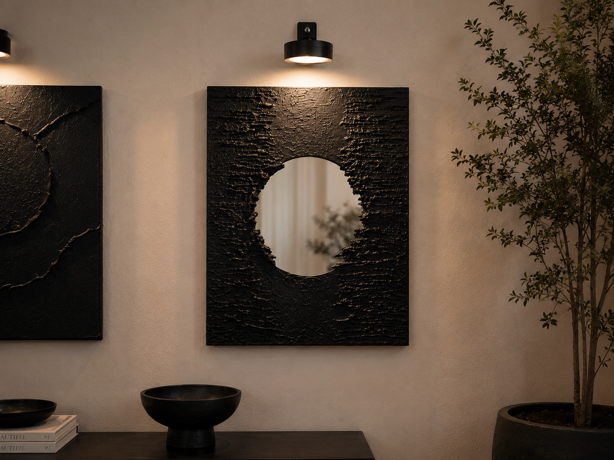 Noir Collection | Handmade Black Textured Wall Art Set of 4 | Top LED Lights Included