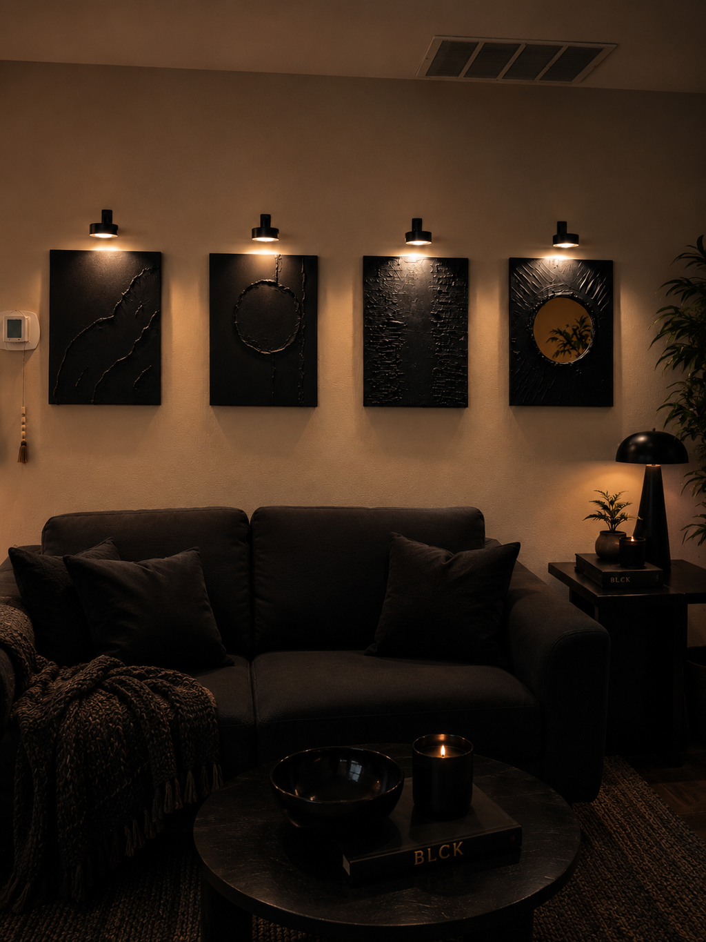 Midnight Reflection | Handmade Textured Wall Art & Mirror Set of 4 | Top LED Lights Included