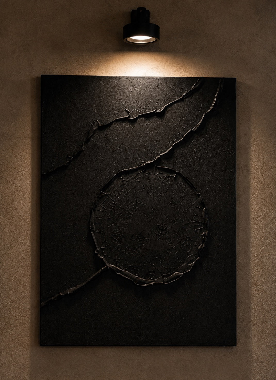 Black Orbit Collection | Handmade Textured Wall Art Set of 4 | Top Picture Lights Included