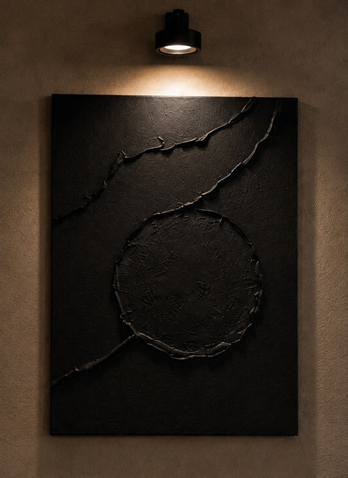 Black Orbit Collection | Handmade Textured Wall Art Set of 4 | Top Picture Lights Included
