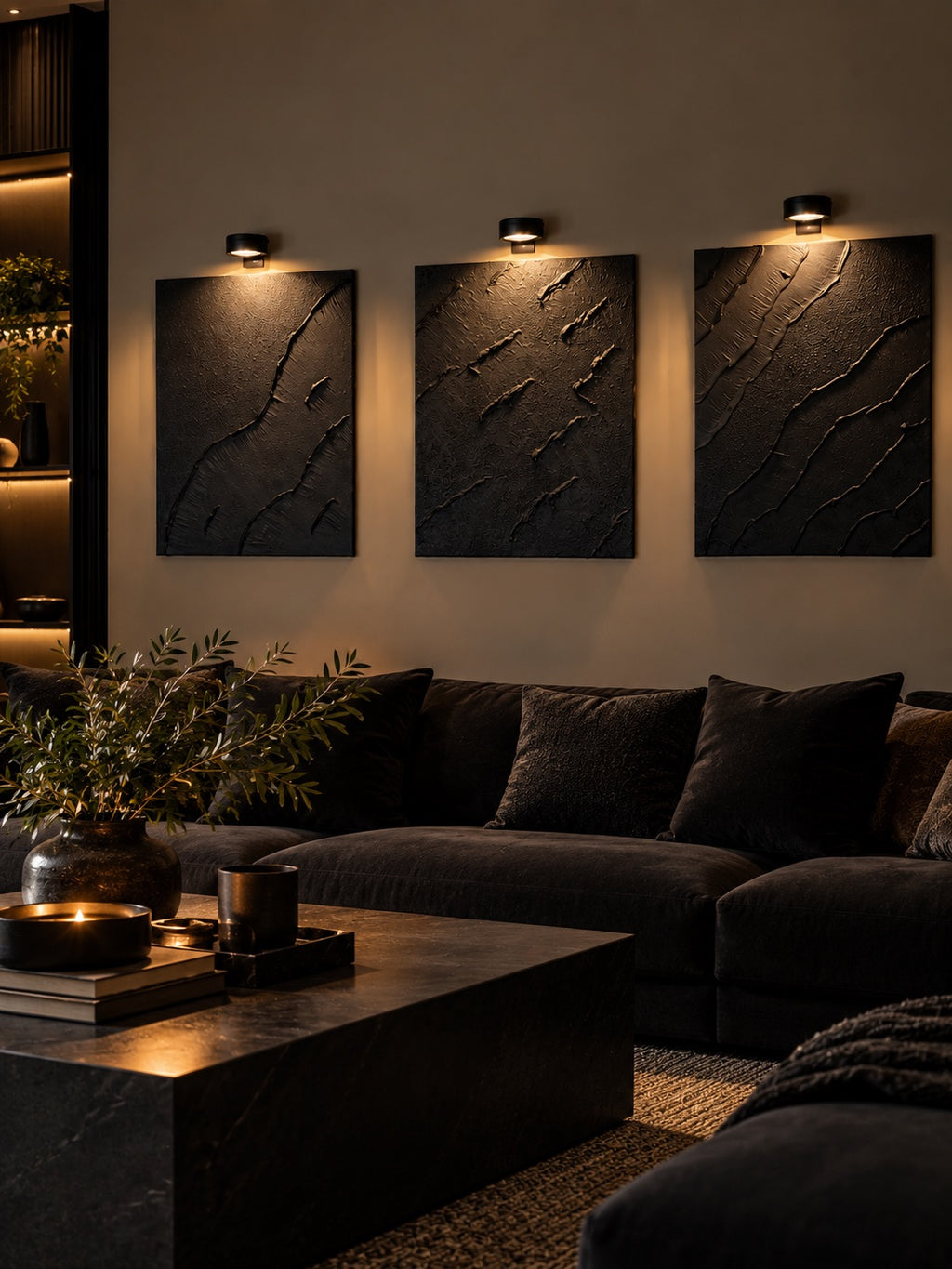 Obsidian Wave | Handmade Textured Wall Art Set of 3 | Picture Lights Included