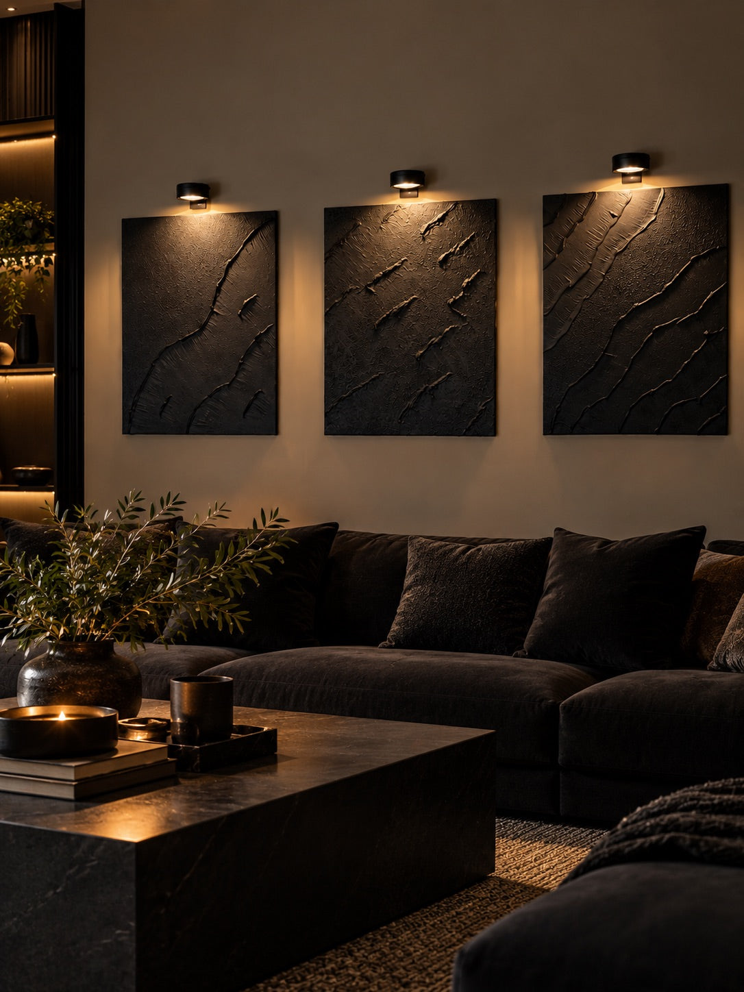 Obsidian Wave | Handmade Textured Wall Art Set of 3 | Picture Lights Included