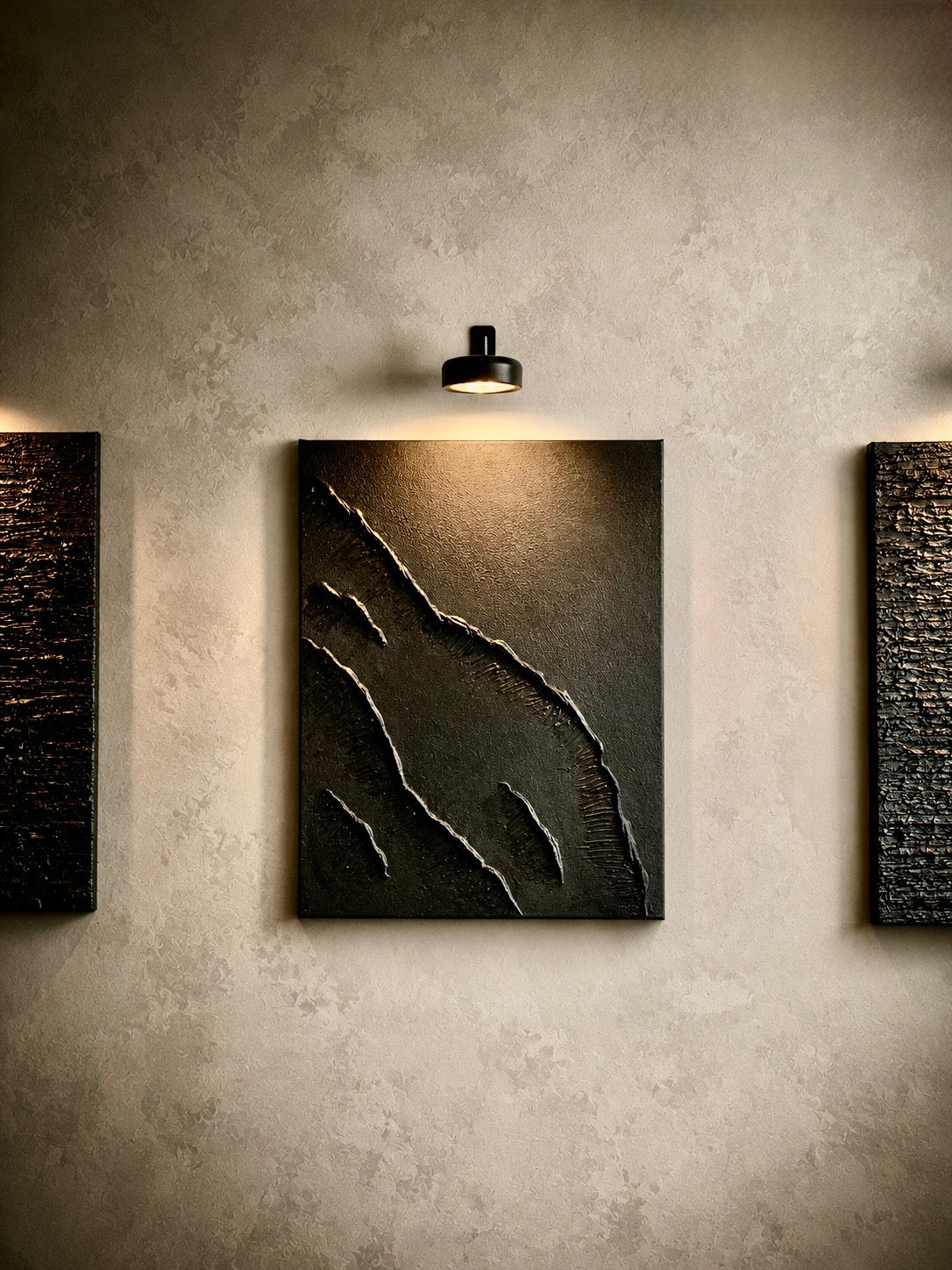 Obsidian Tide | Handmade Textured Wall Art Set of 3 | LED Lights Included