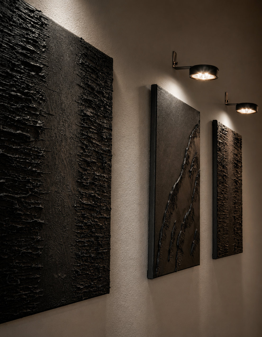Obsidian Tide | Handmade Textured Wall Art Set of 3 | LED Lights Included