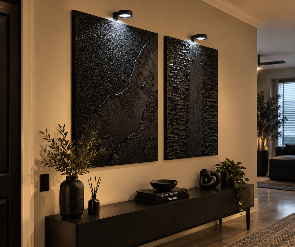Dark Tide | Handmade Textured Wall Art Set of 2 | Top Picture Lights Included