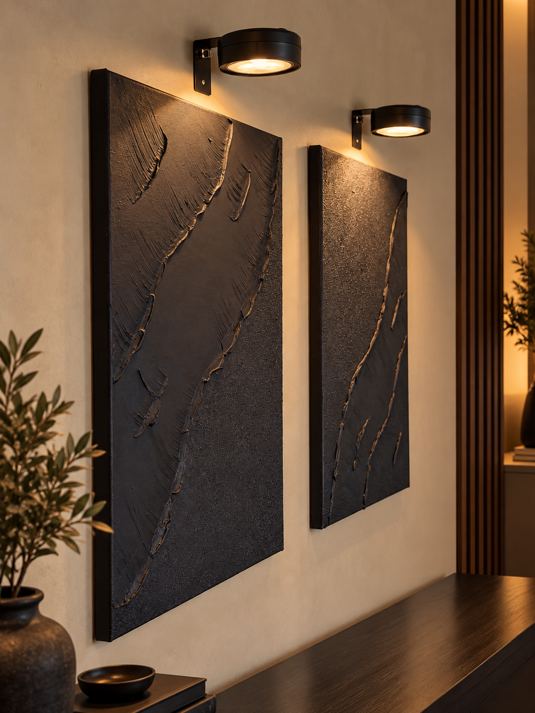 Tide Collection | Handmade Textured Wall Art Set of 2 | Top LED Lights Included