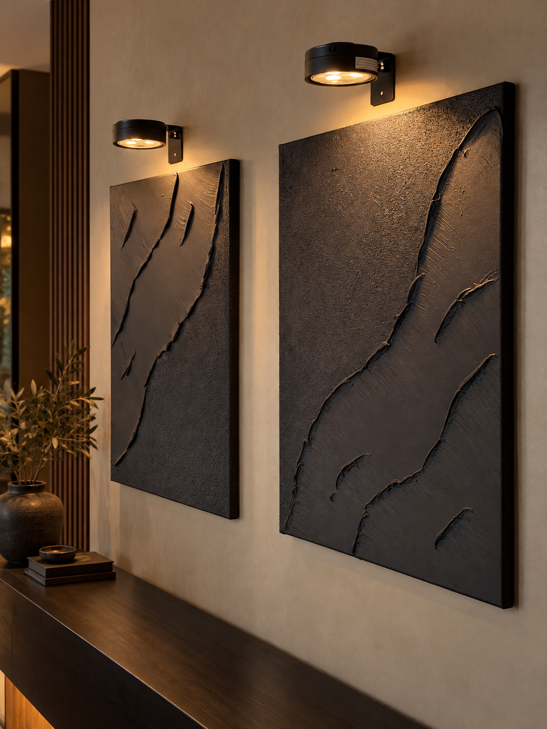 Tide Collection | Handmade Textured Wall Art Set of 2 | Top LED Lights Included