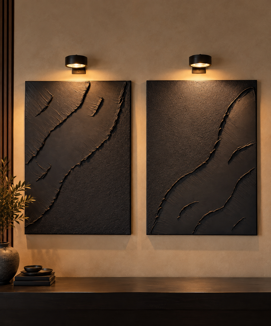 Tide Collection | Handmade Textured Wall Art Set of 2 | Top LED Lights Included