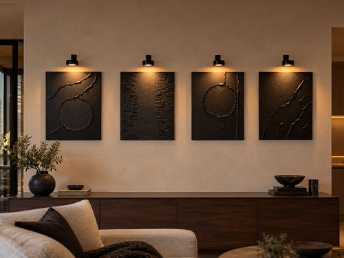 Black Orbit Collection | Handmade Textured Wall Art Set of 4 | Top Picture Lights Included