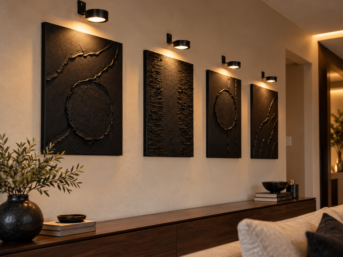 Black Orbit Collection | Handmade Textured Wall Art Set of 4 | Top Picture Lights Included