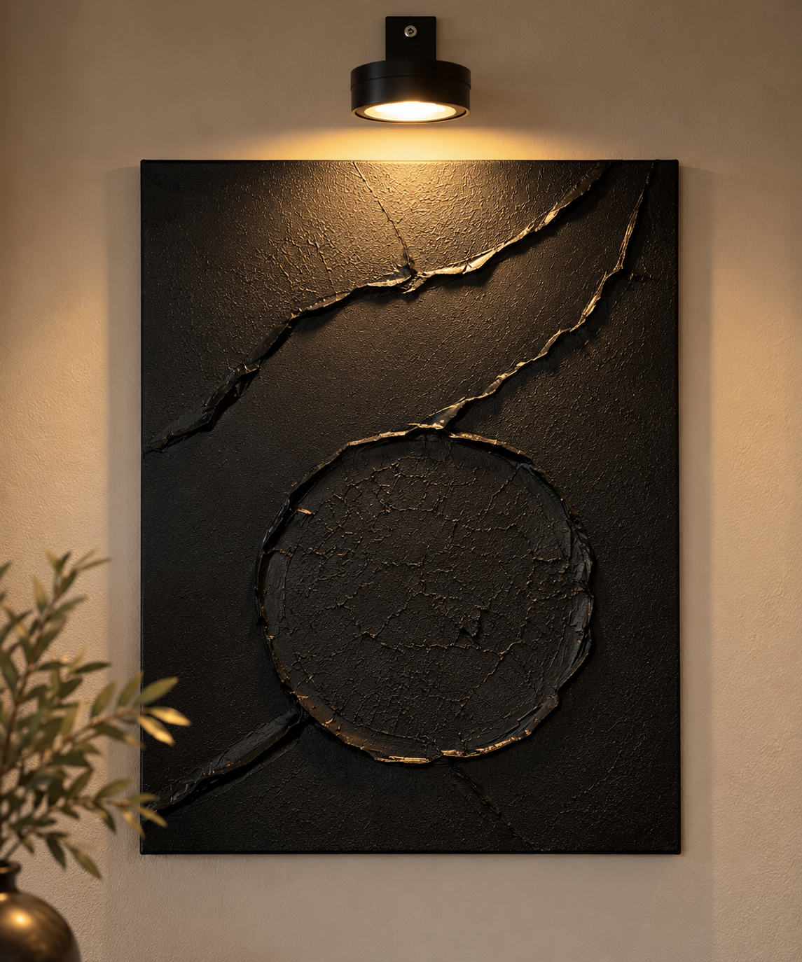 Black Orbit Collection | Handmade Textured Wall Art Set of 4 | Top Picture Lights Included