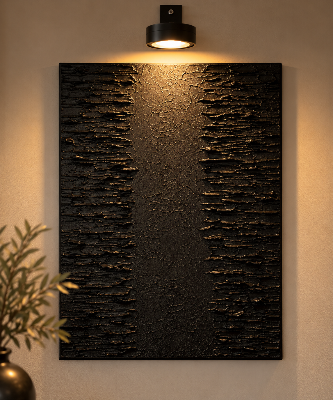 Black Orbit Collection | Handmade Textured Wall Art Set of 4 | Top Picture Lights Included