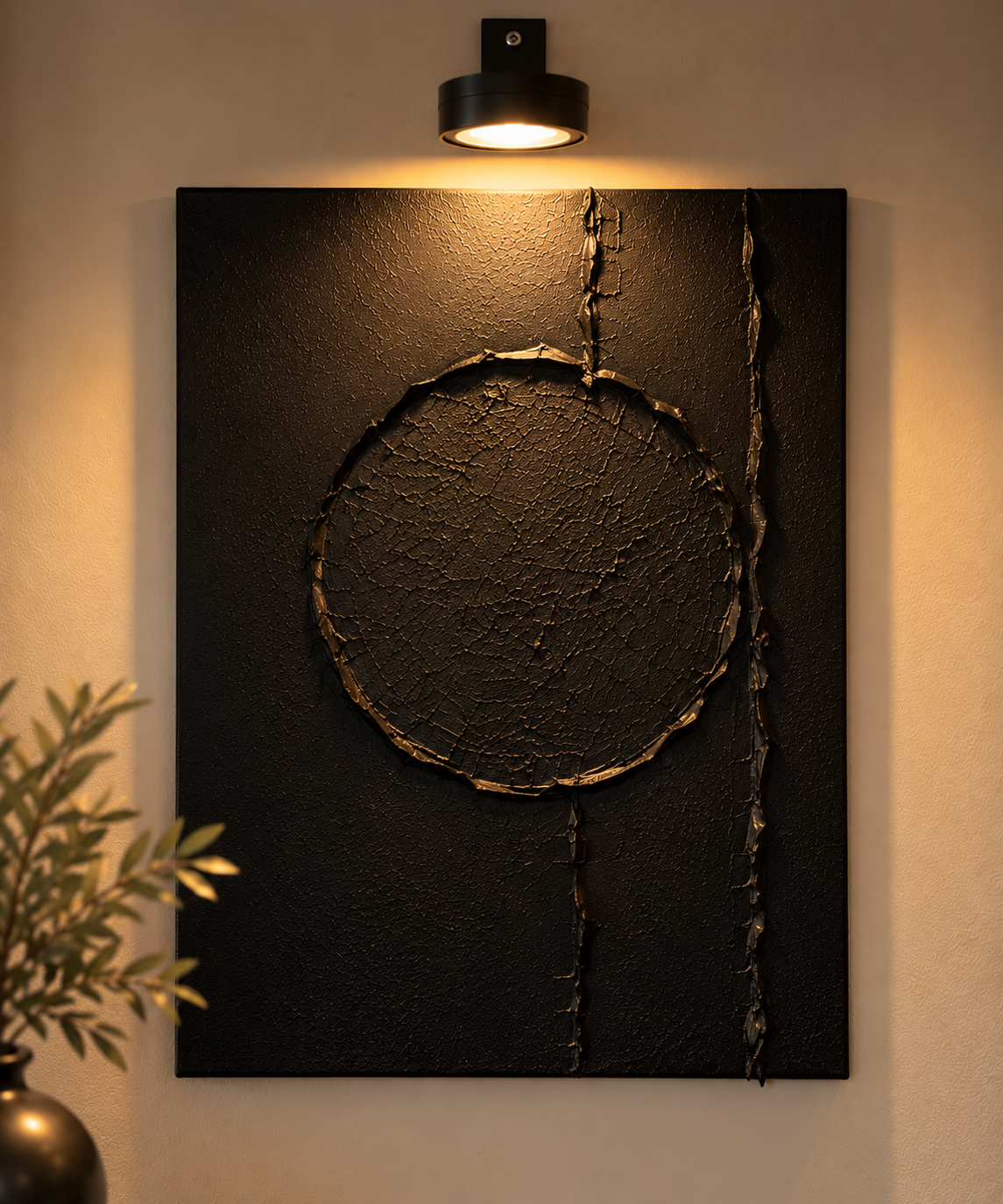 Black Orbit Collection | Handmade Textured Wall Art Set of 4 | Top Picture Lights Included