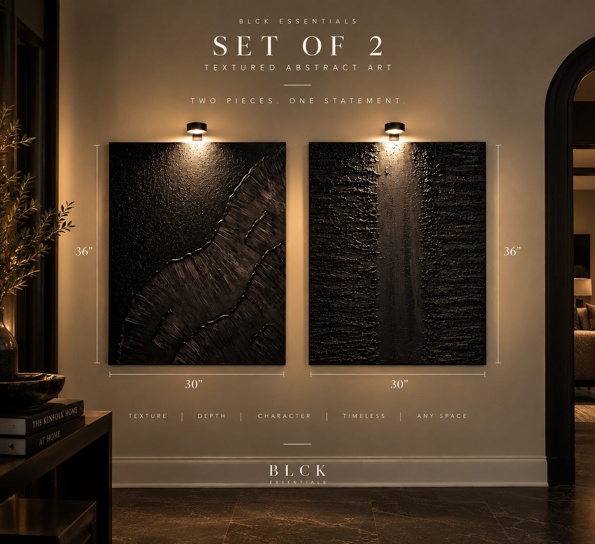 Dark Tide | Handmade Textured Wall Art Set of 2 | Top Picture Lights Included